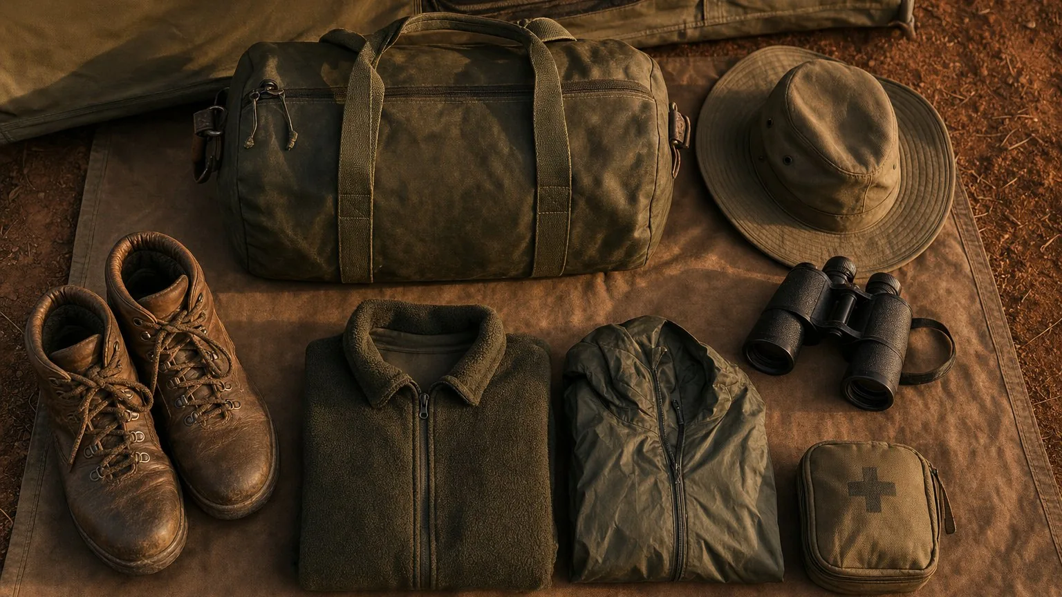 Flat-lay of safari packing essentials including boots, hat and binoculars