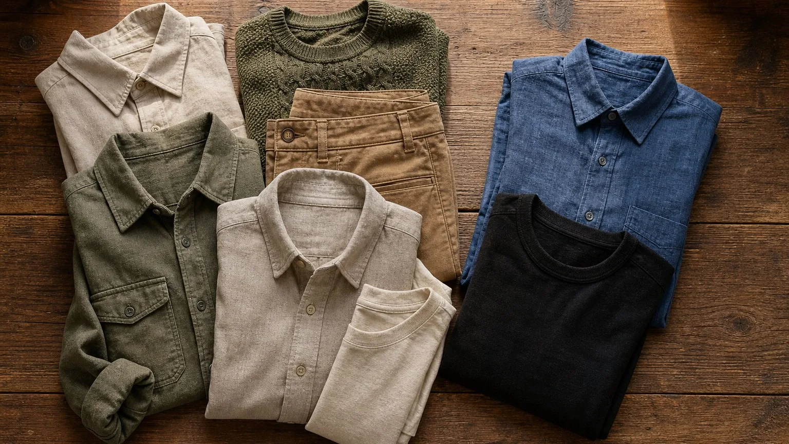 Flatlay comparing earth-toned safari clothing with blue and black garments to avoid.