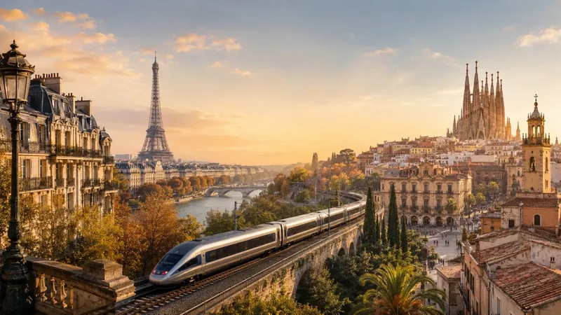 High-speed train on a viaduct between Paris, with the Eiffel Tower, and Barcelona, with the Sagrada Familia, at golden hour