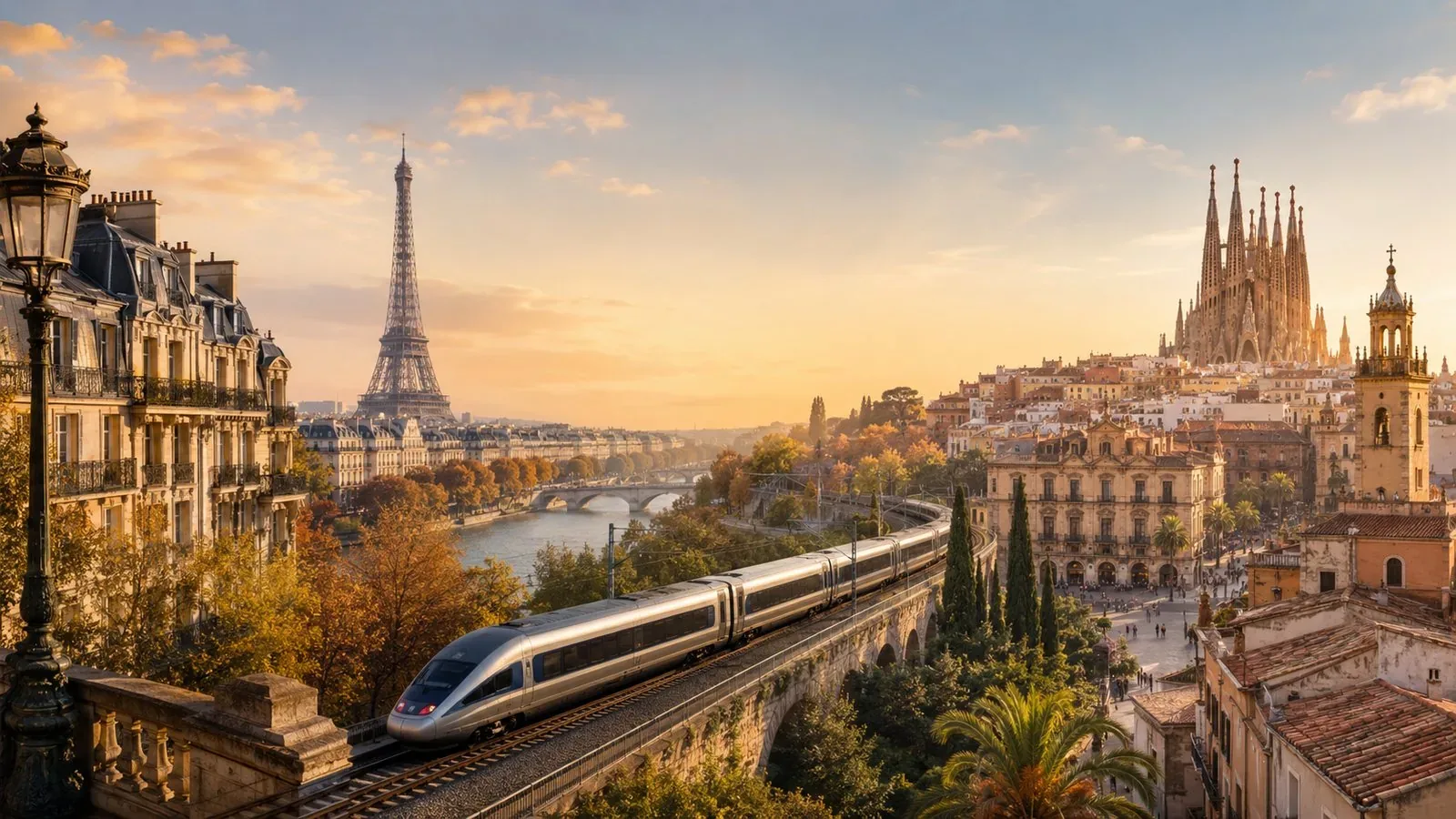 High-speed train on a viaduct between Paris, with the Eiffel Tower, and Barcelona, with the Sagrada Familia, at golden hour