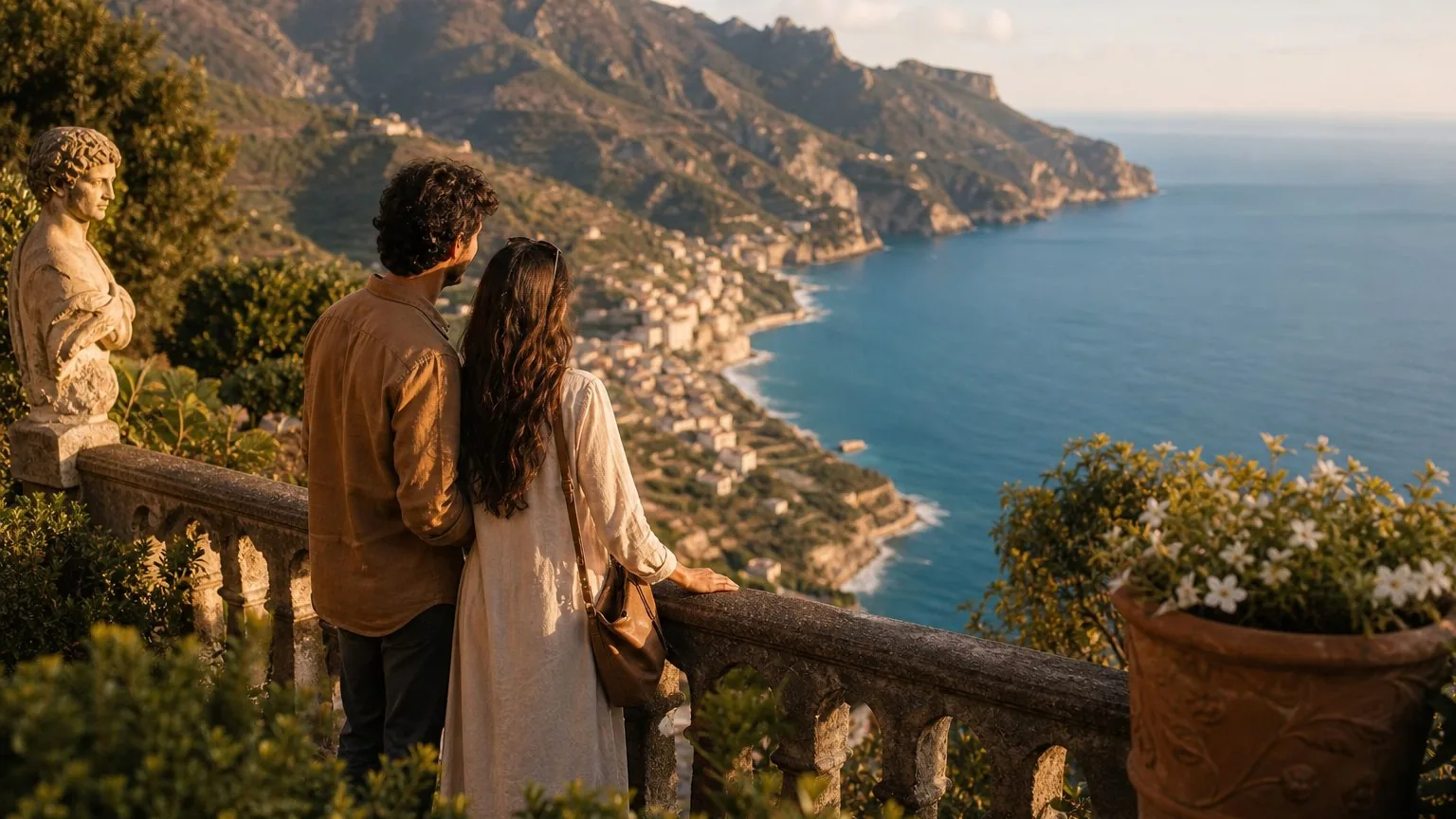 Garden terrace overlooking the Amalfi coastline at golden hour.