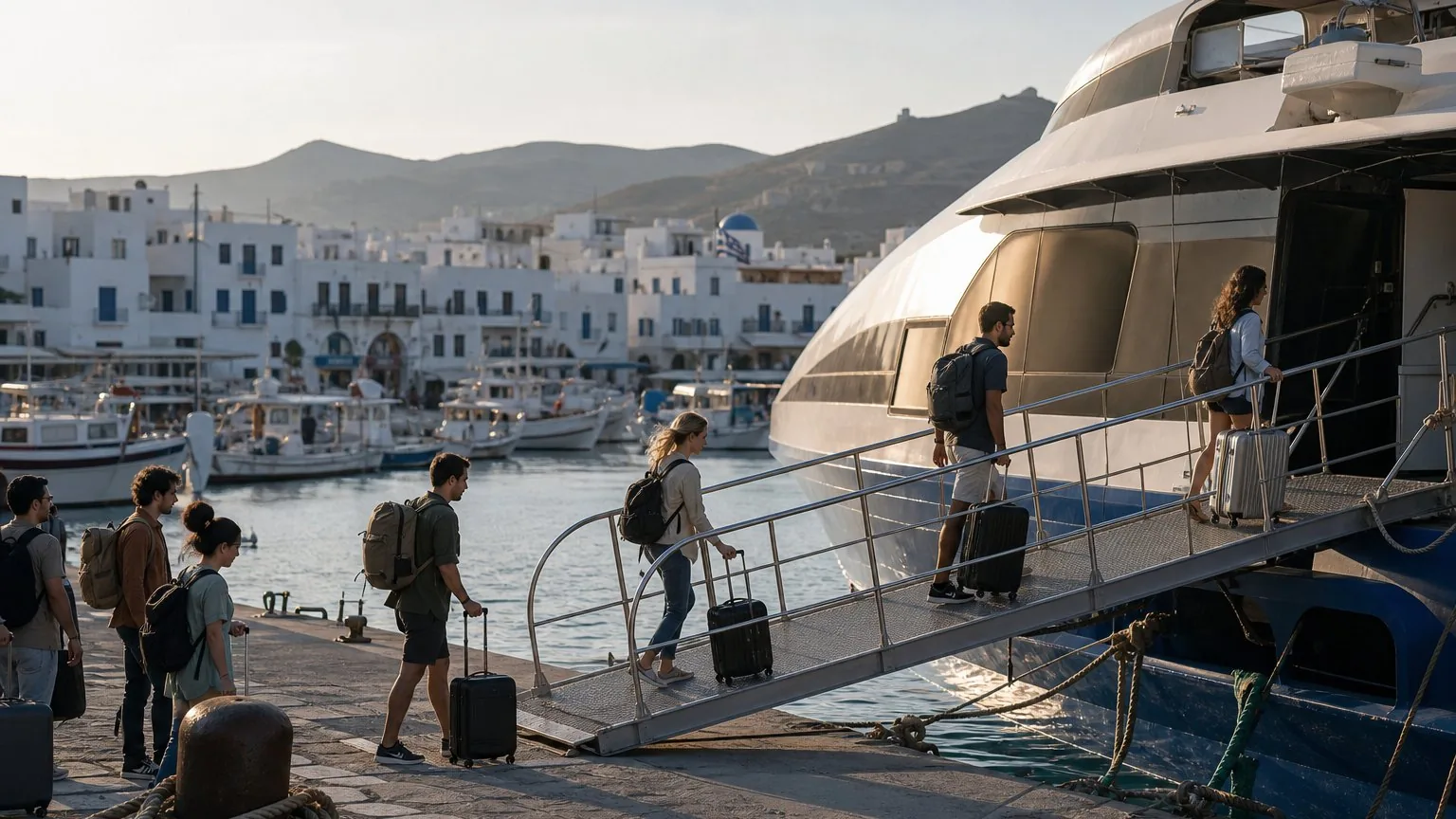 High-speed ferry boarding at a Cycladic island port in morning light