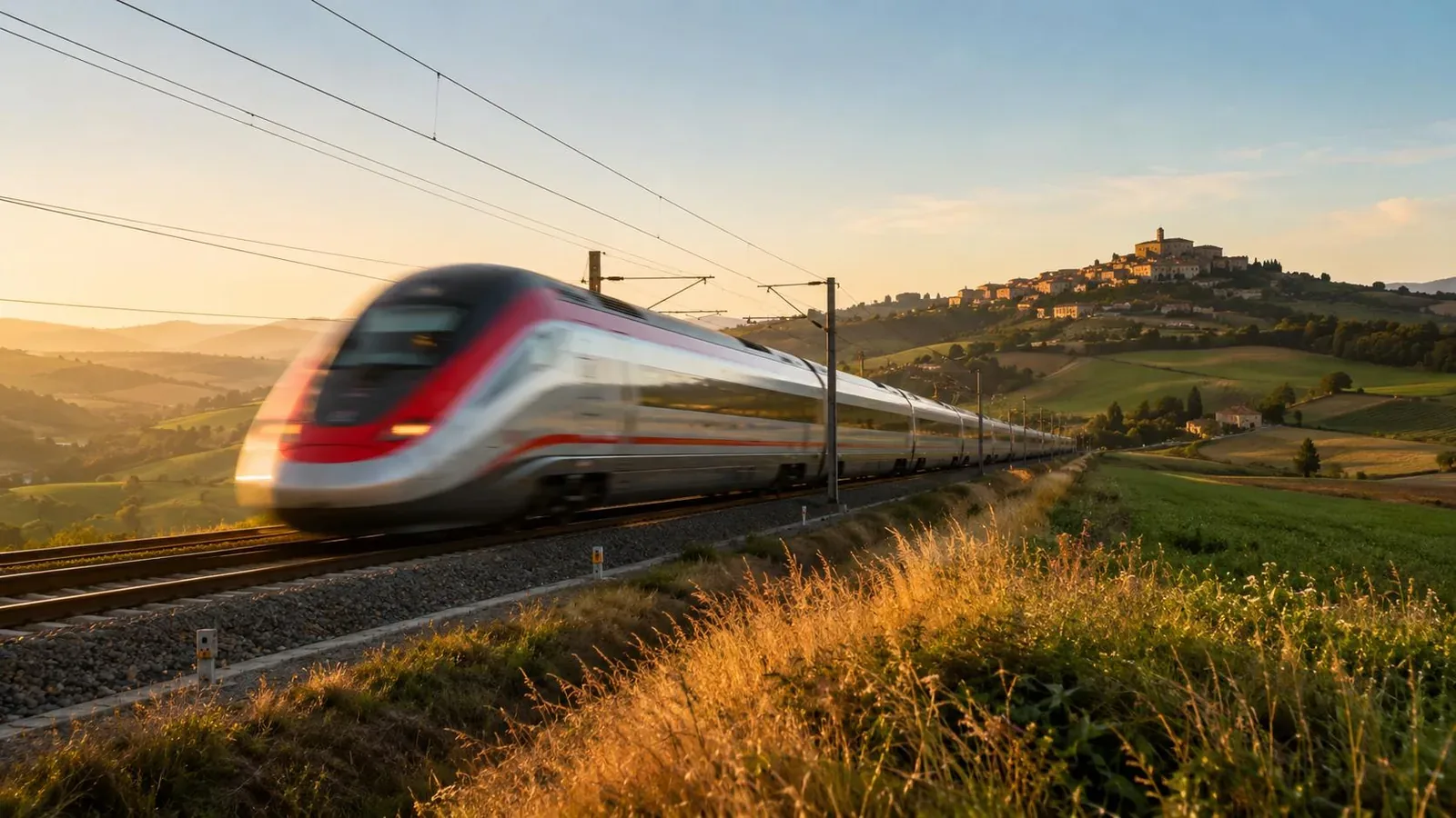 High-speed train crossing European countryside at golden hour.
