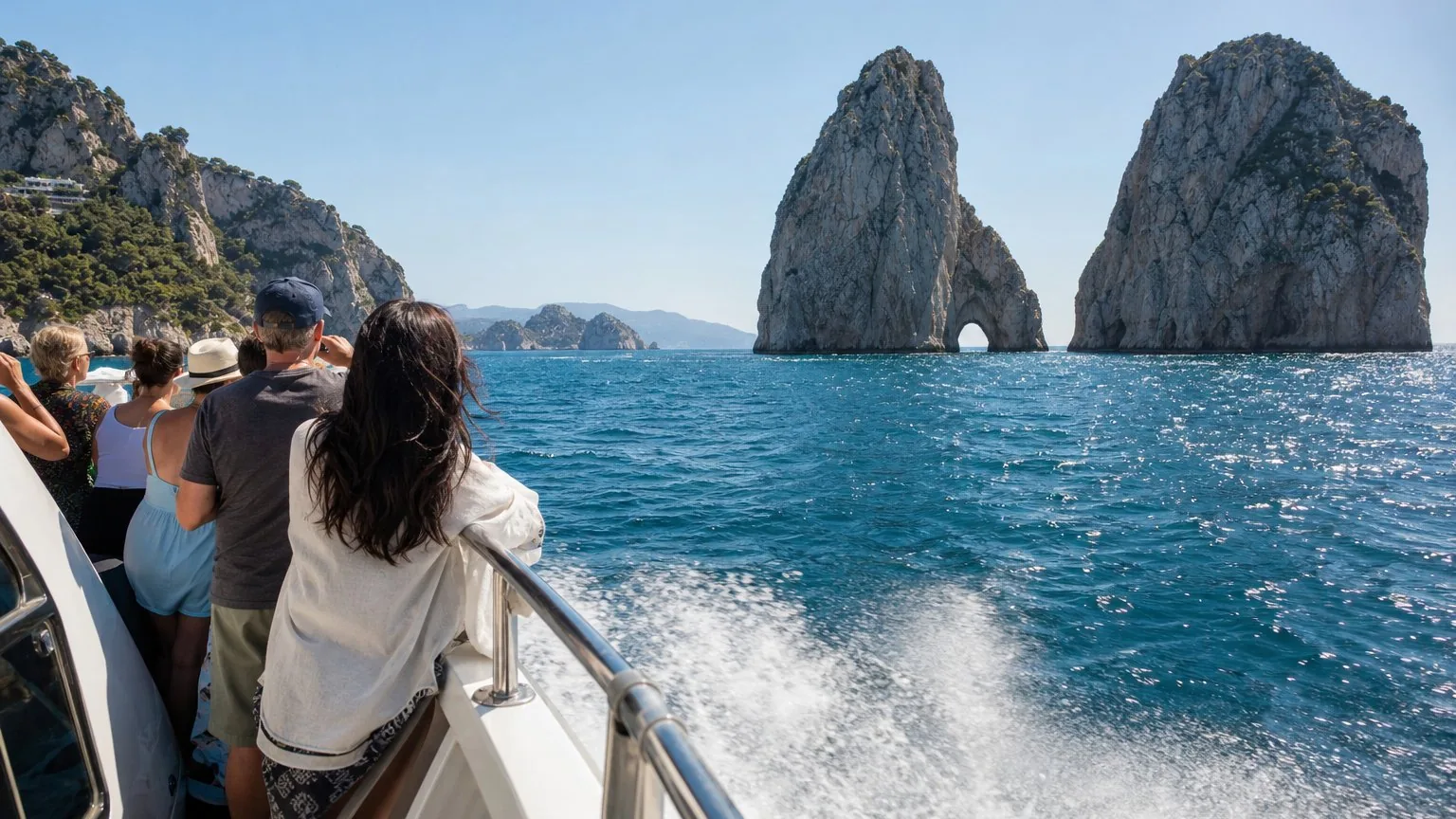 Hydrofoil ferry approaching Capri's Faraglioni rocks with passengers on deck.
