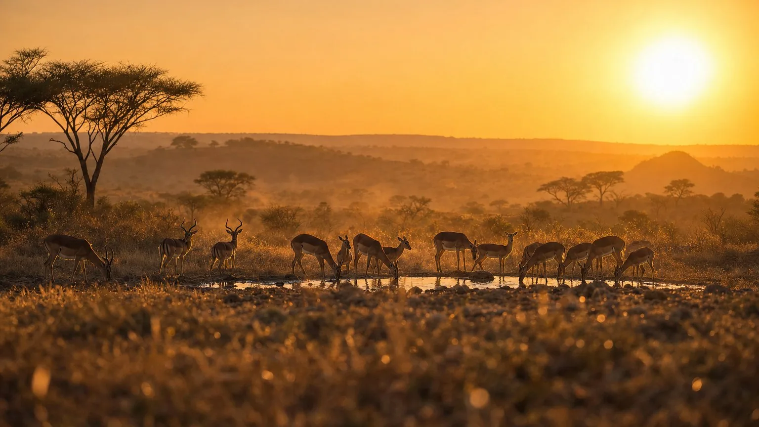 Impala herd at a waterhole during golden hour in the South African bushveld