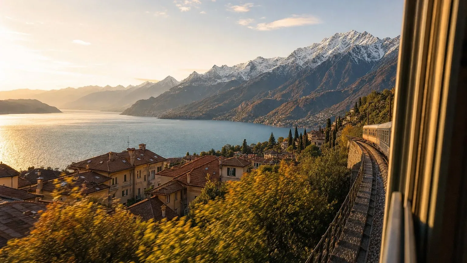 Italian lake foreground with Swiss Alps rising in the distance