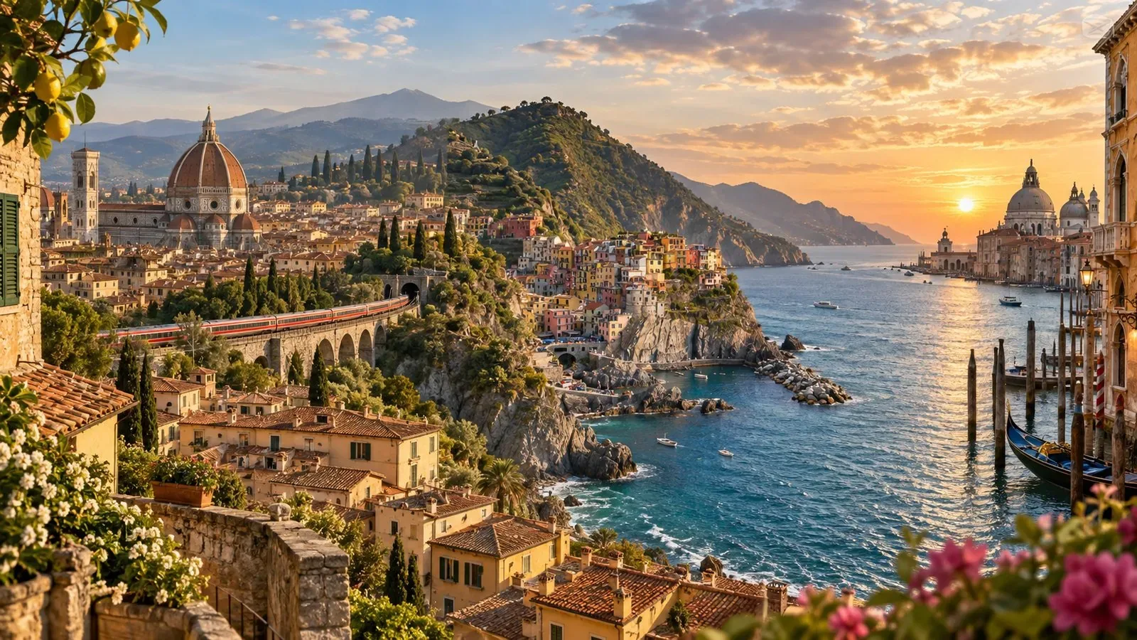 Italy in one view: Florence Duomo, a train along the Cinque Terre coast and Venice at sunset