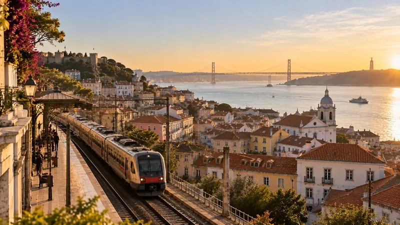 A commuter train pulling away from an elevated platform above Lisbon's rooftops at sunset, with São Jorge castle on the hill, the 25 de Abril bridge and the Tagus beyond