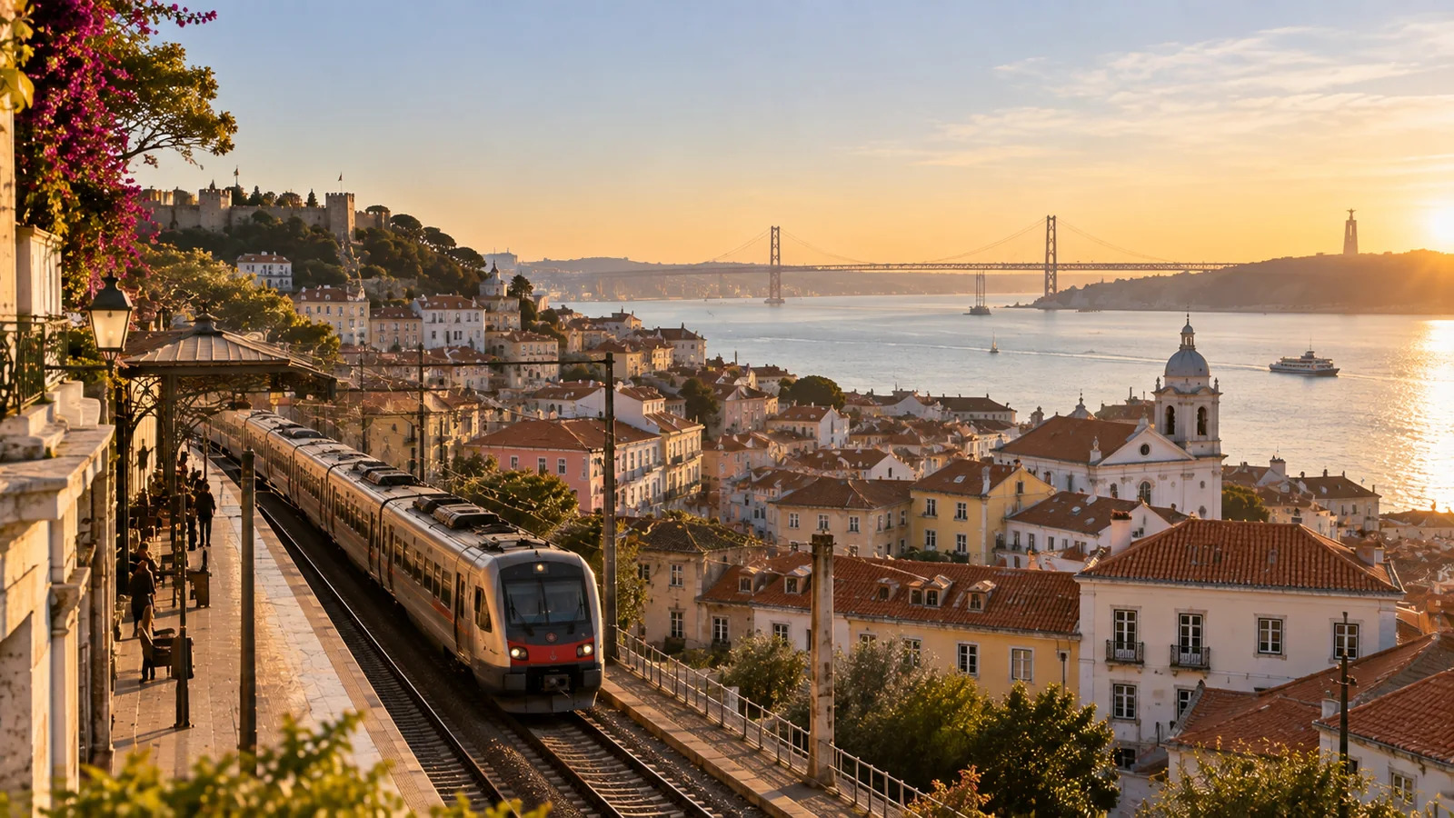 A commuter train pulling away from an elevated platform above Lisbon's rooftops at sunset, with São Jorge castle on the hill, the 25 de Abril bridge and the Tagus beyond