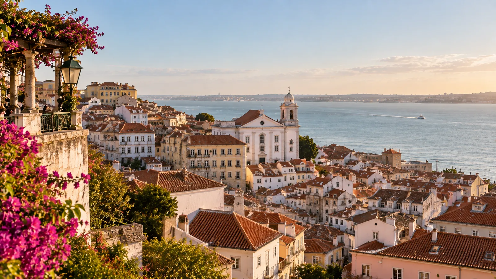 Terracotta rooftops of Lisbon dropping away to the Tagus at golden hour, with bougainvillea spilling over a viewpoint wall in the foreground