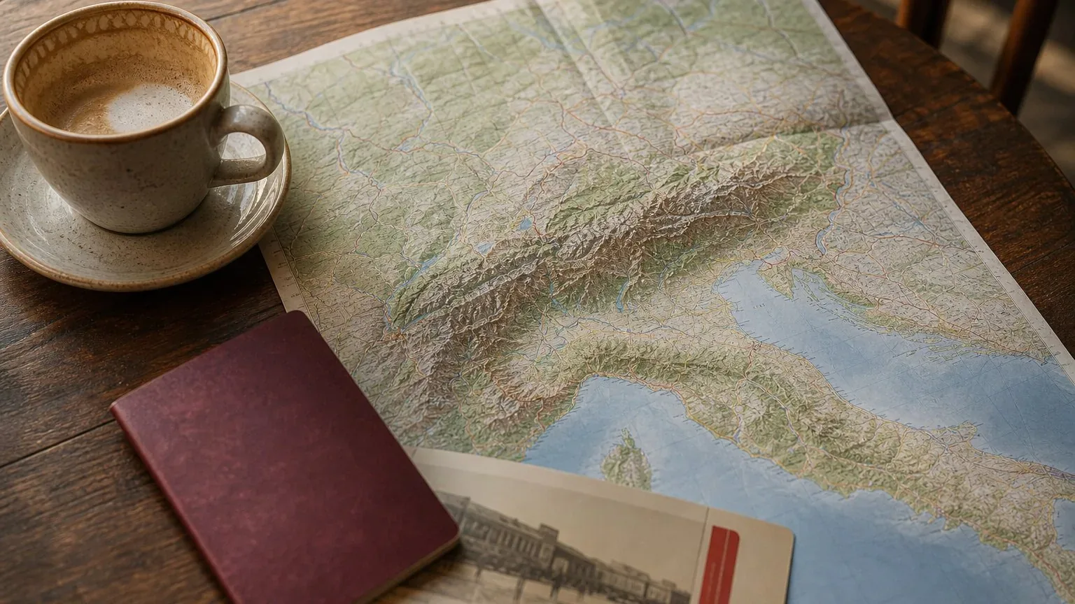 Map, passport and train ticket on a cafe table while planning an Italy Switzerland trip