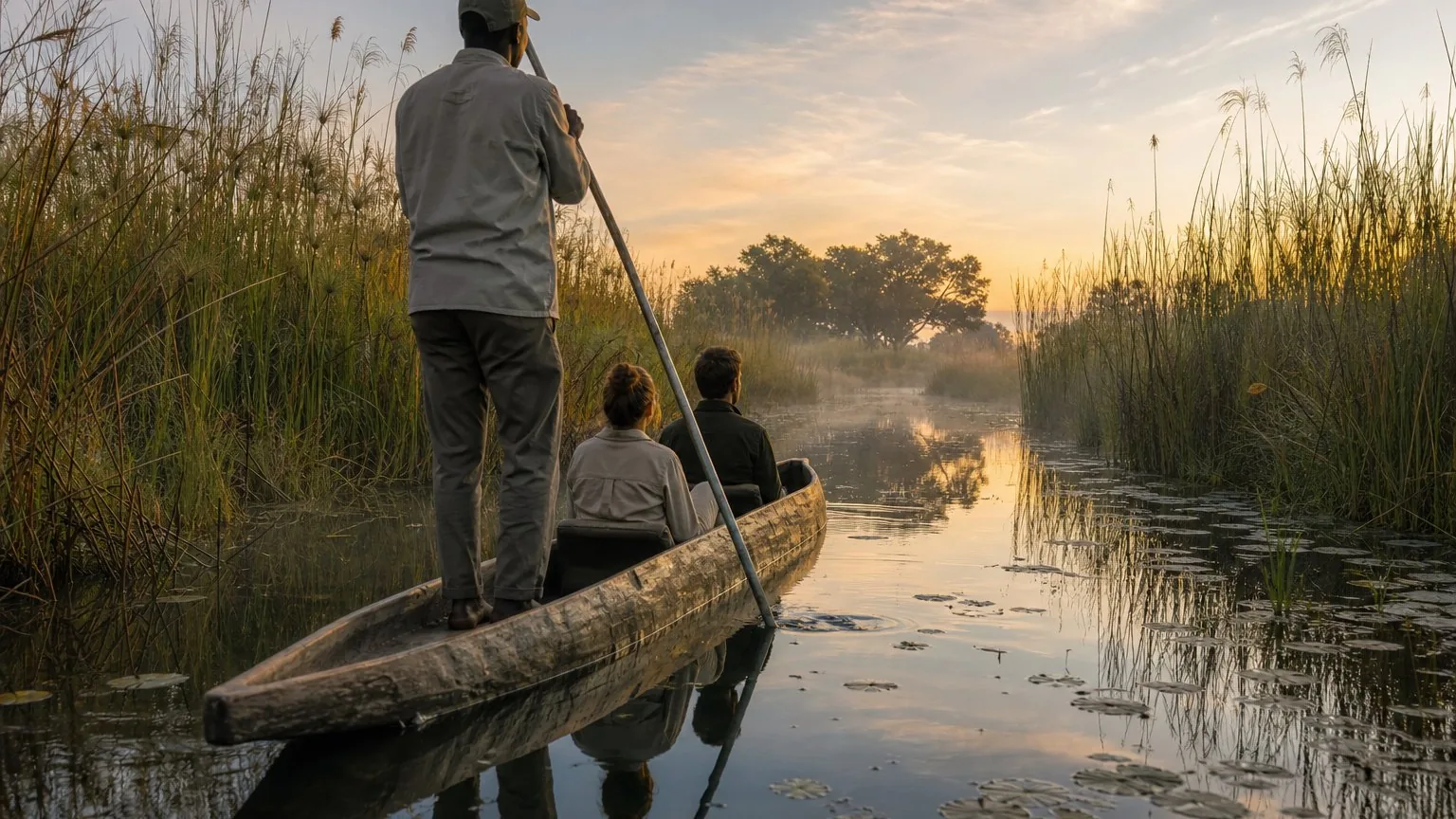 Mokoro canoe gliding through delta channels at dawn.
