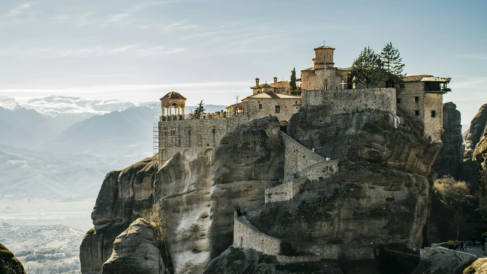 Monastery on a rock pillar above the valley at Meteora