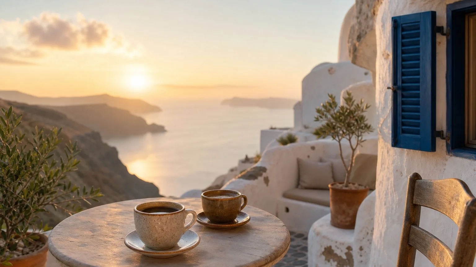 Morning coffee on a whitewashed Santorini terrace overlooking the caldera
