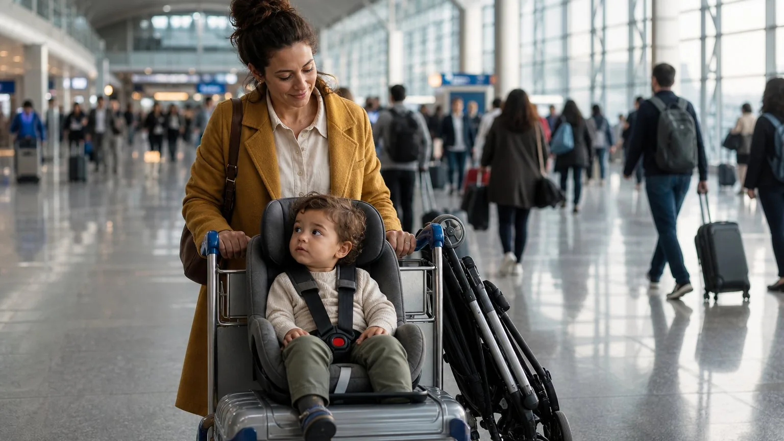 Mother pushing an airport trolley with a toddler secured in a child seat attachment