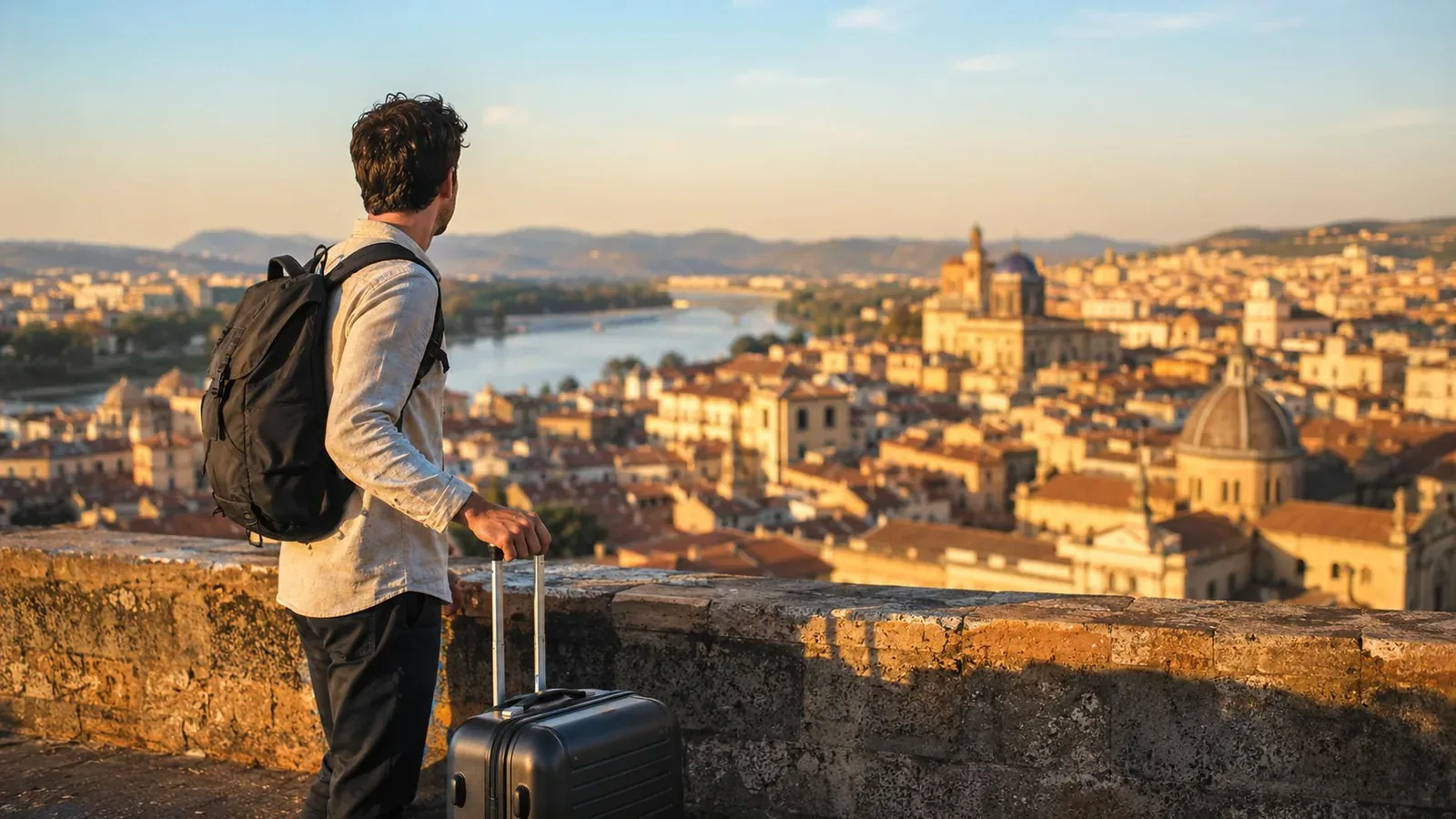Traveler with a suitcase overlooking a European old-town skyline at golden hour.