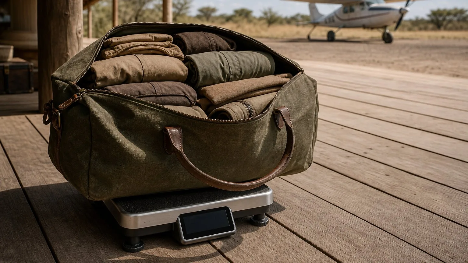 Packed duffel bag being weighed before a safari bush flight