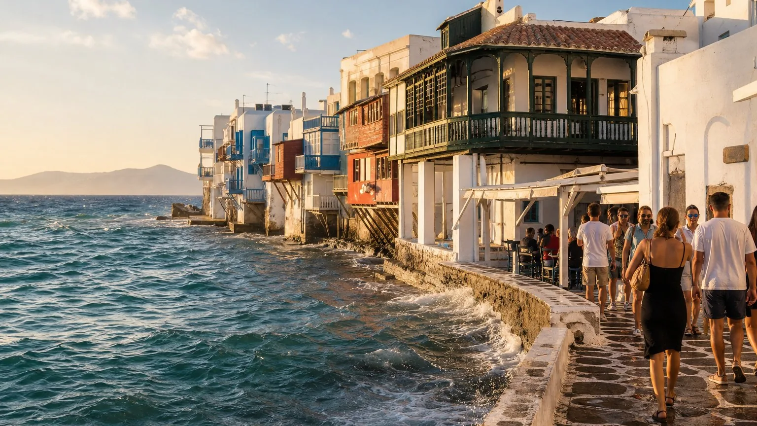Pastel waterfront buildings of Little Venice in Mykonos Town