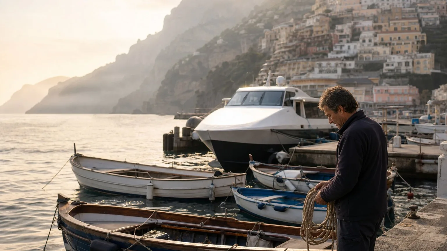 Positano harbour at dawn with fishing boats and a docked ferry.