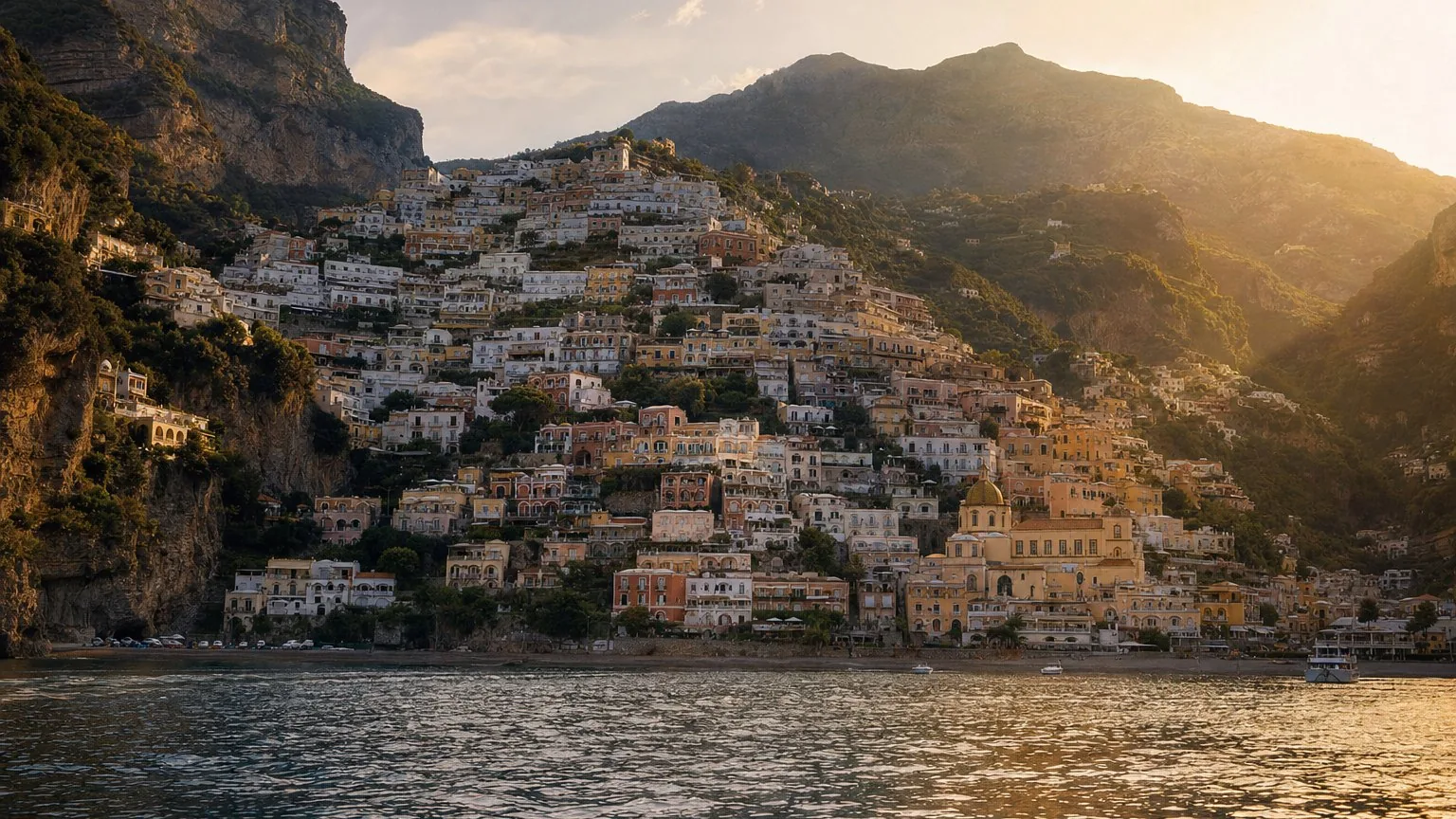 Positano's cliffside houses in golden evening light seen from the sea.