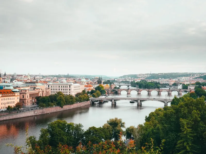 Aerial view of Prague, with its bridges over the Vltava and the old town rooftops