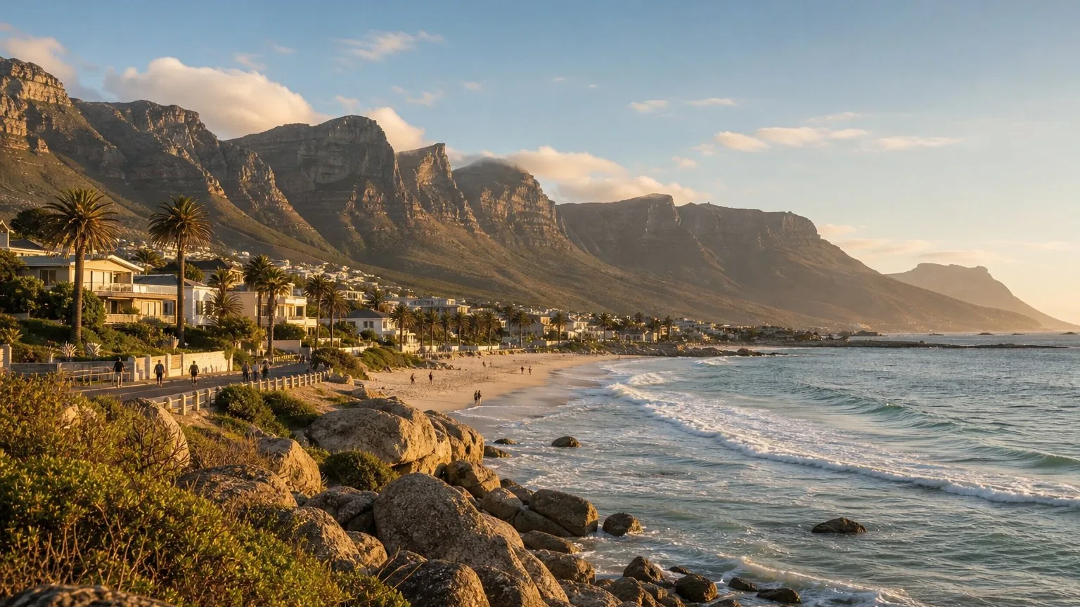 Quiet Cape Town coastline with Table Mountain in soft morning light