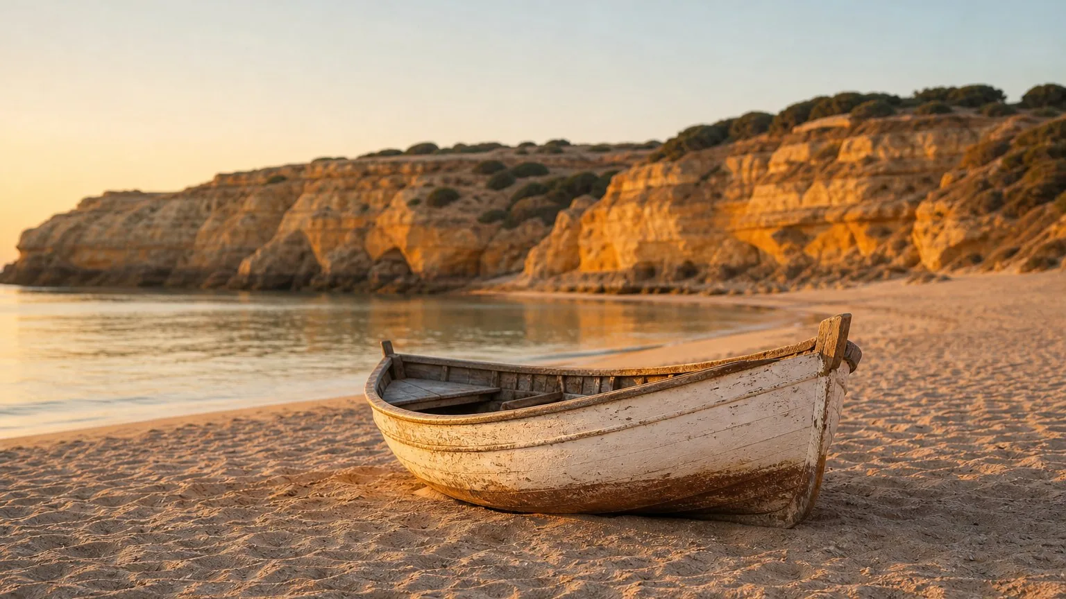 Quiet cove beach in southern Portugal at golden hour