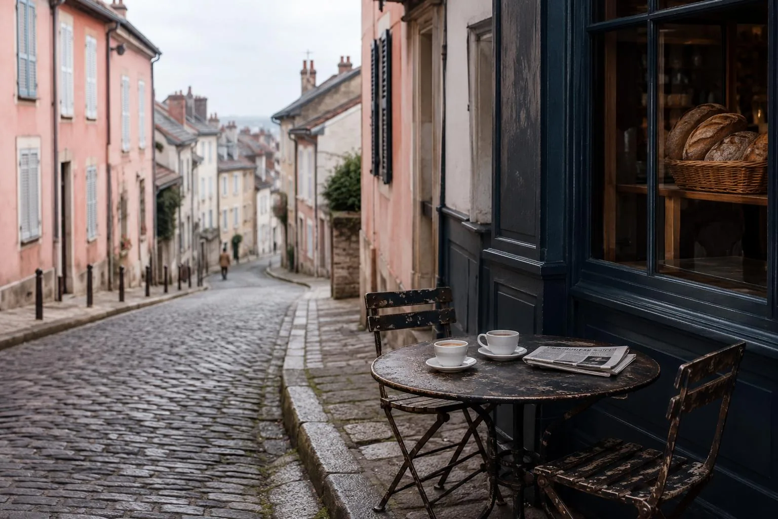 Quiet European street cafe table in early morning light