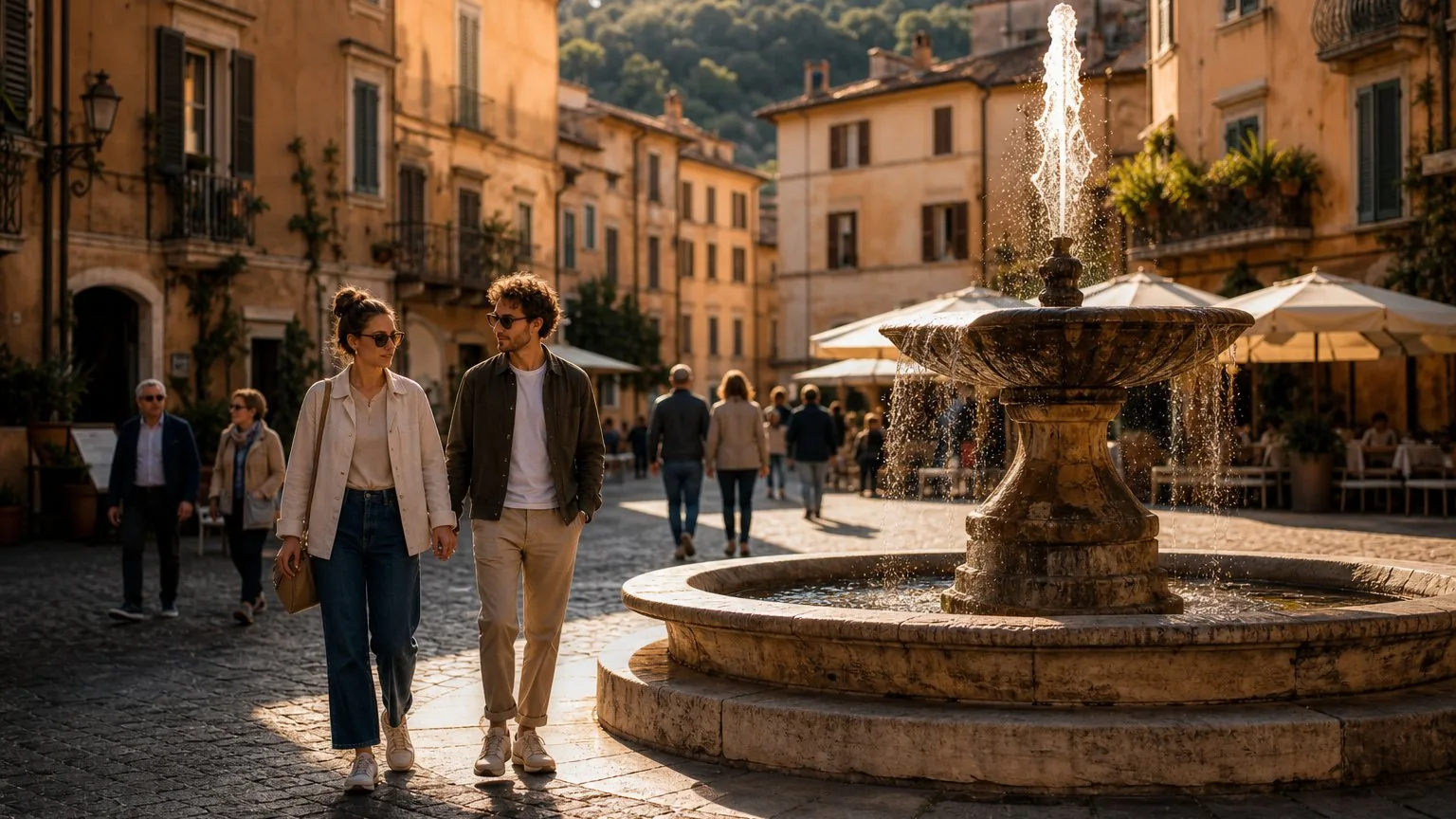 Quiet Italian piazza in spring light with few visitors