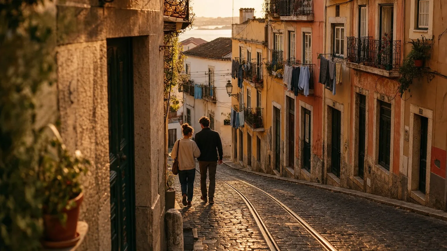 Quiet Lisbon street in soft spring light with few visible tourists