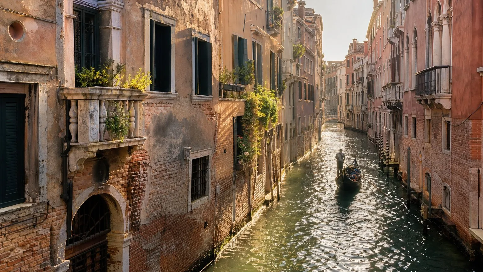 Quiet Venice canal with pastel buildings in late afternoon light