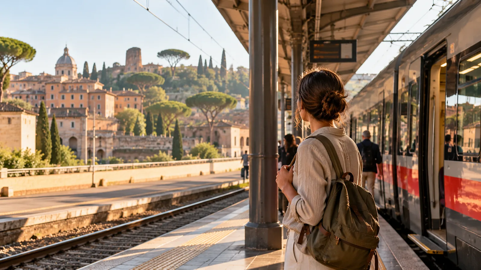 A traveller with a backpack waiting on a sunlit station platform beside an intercity train, with an Italian hill town and umbrella pines in the distance