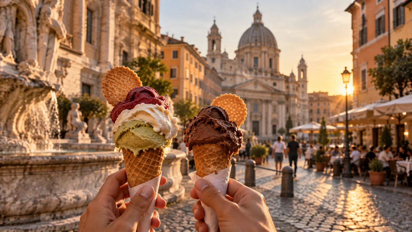 Two gelato cones held up in Piazza Navona at sunset, with the dome and bell towers of Sant'Agnese in Agone and the Fountain of the Four Rivers behind