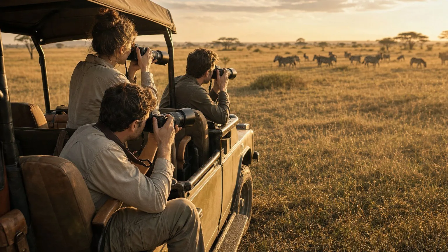 Safari travellers photographing zebra from a vehicle at golden hour