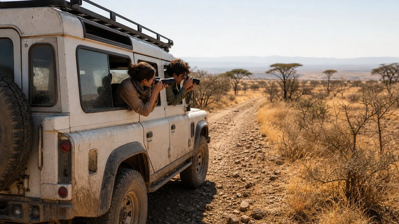 Self-drive safari vehicle on a gravel road in a national park.