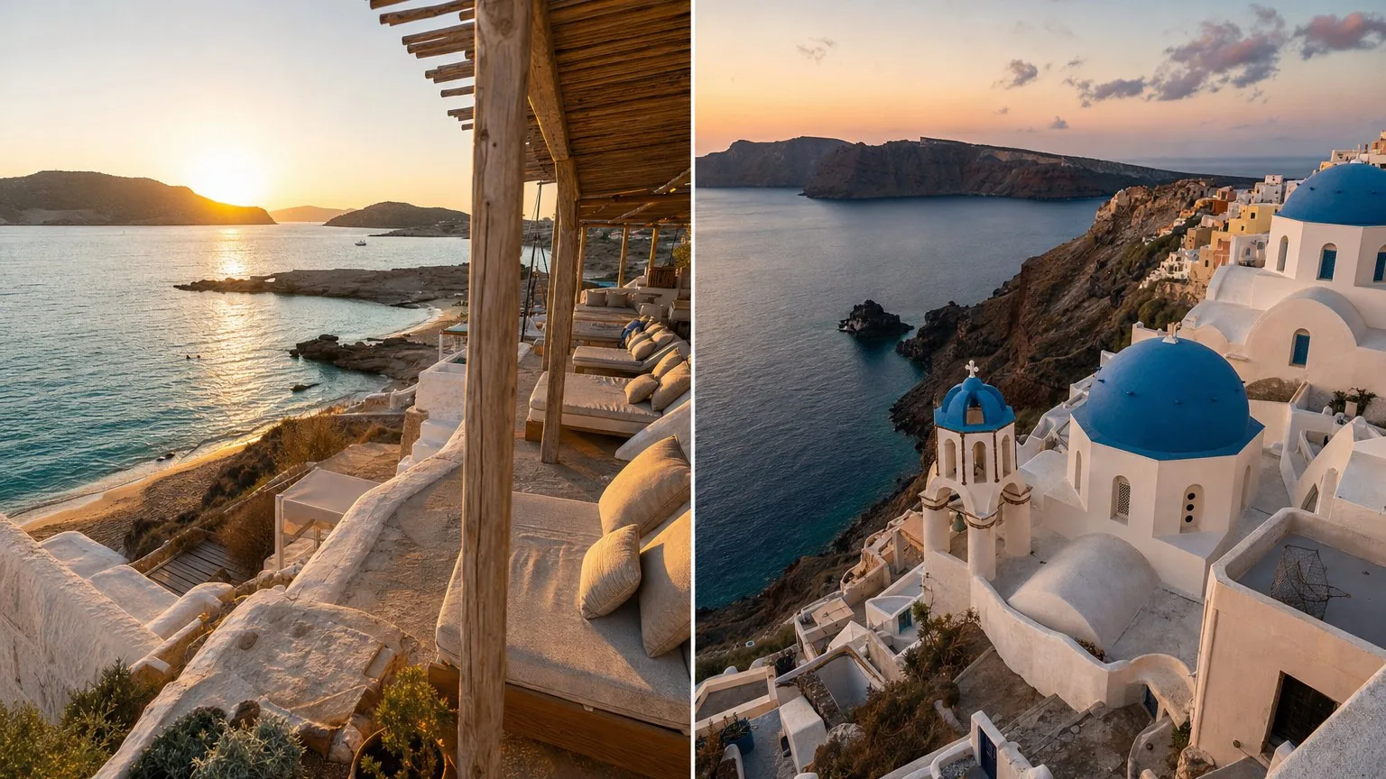 Split view of a beach terrace and a caldera at dusk in the Cyclades