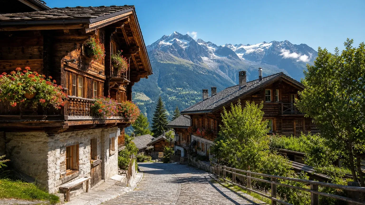 Swiss alpine village with mountain backdrop on an Italy Switzerland itinerary