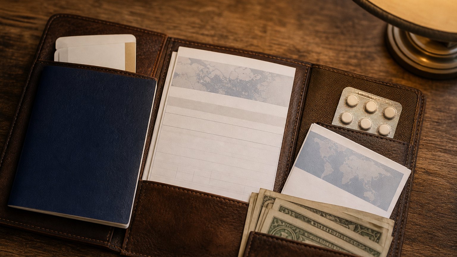 Travel documents, insurance papers and cash laid out before a safari trip