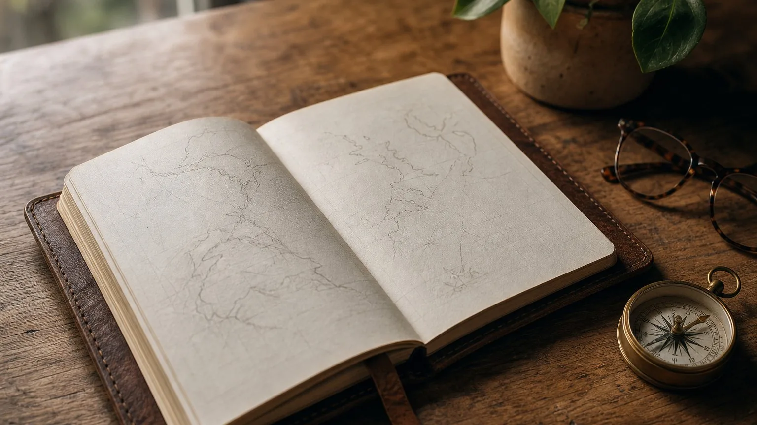 Travel notebook and compass on a wooden table for trip planning