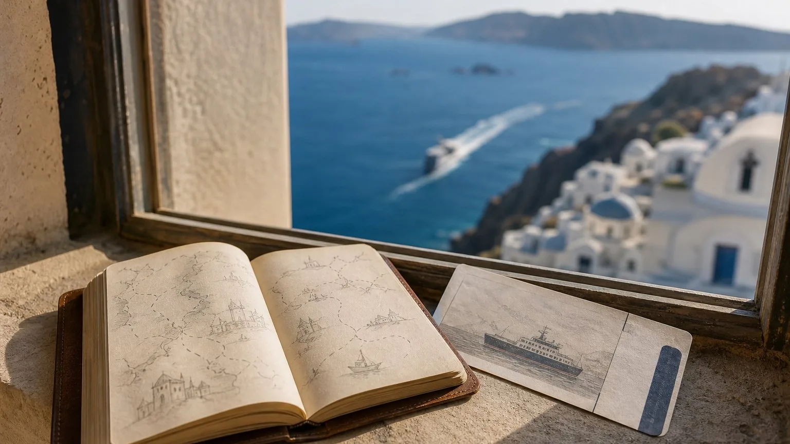 Travel notebook and ferry ticket on a sunlit windowsill above the sea