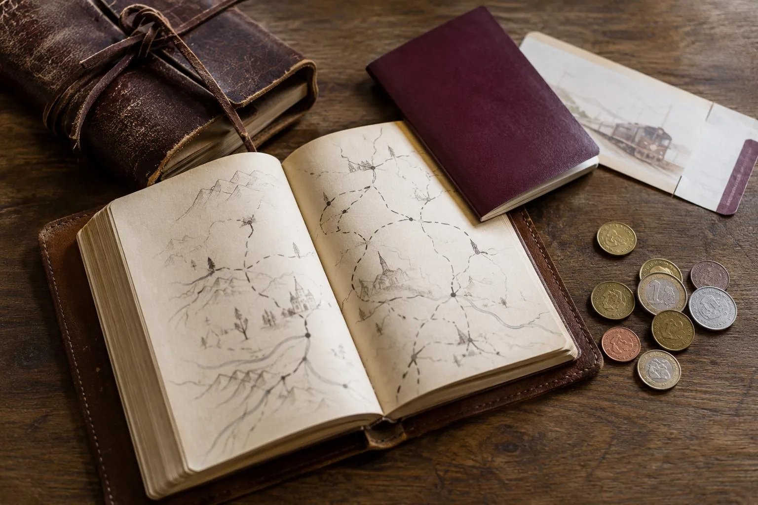 Overhead flat lay of travel notebook passport and train ticket