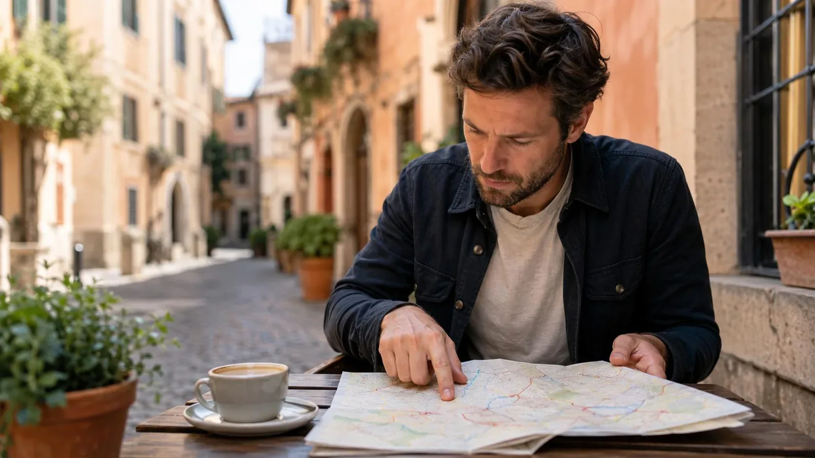 Traveler reviewing a paper map at a café table in Europe.