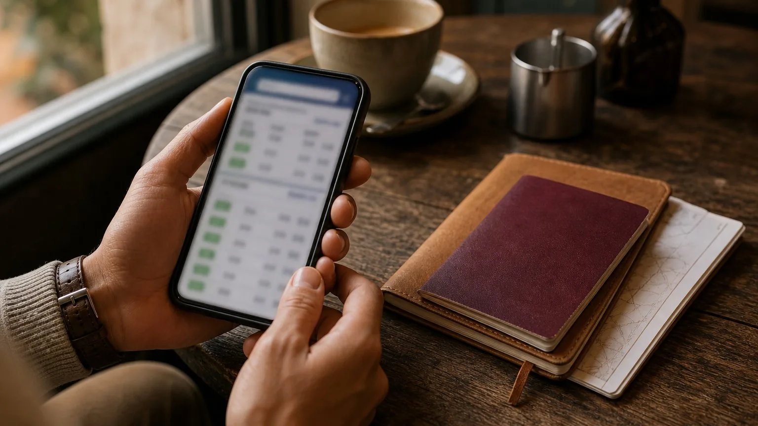 Traveller checking ferry and flight schedules on a phone before booking