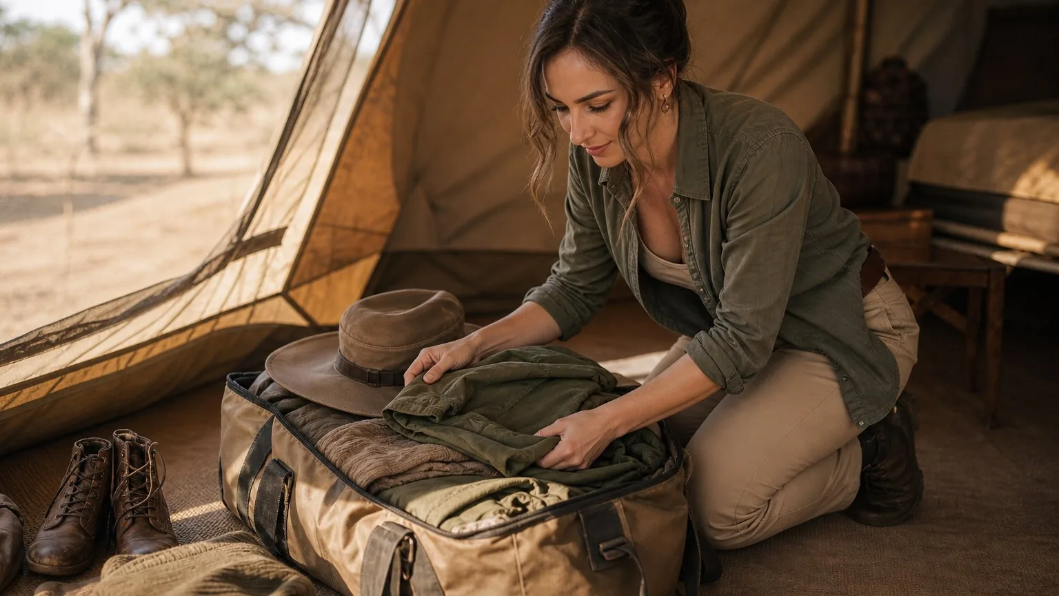 Traveller checking packed safari clothing and gear inside a soft duffel bag.