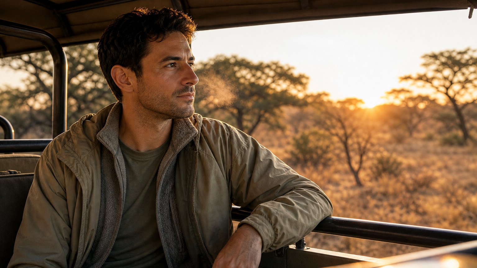Traveller layered in fleece and windbreaker on a cold dawn safari drive