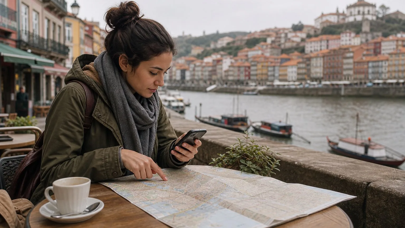 Traveller planning a Porto itinerary at a riverside cafe table
