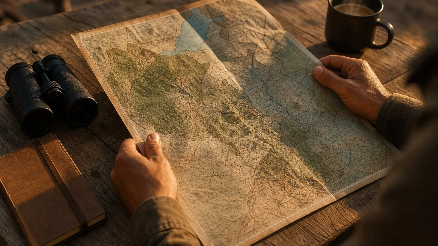 Traveller planning a safari route with a map and binoculars.