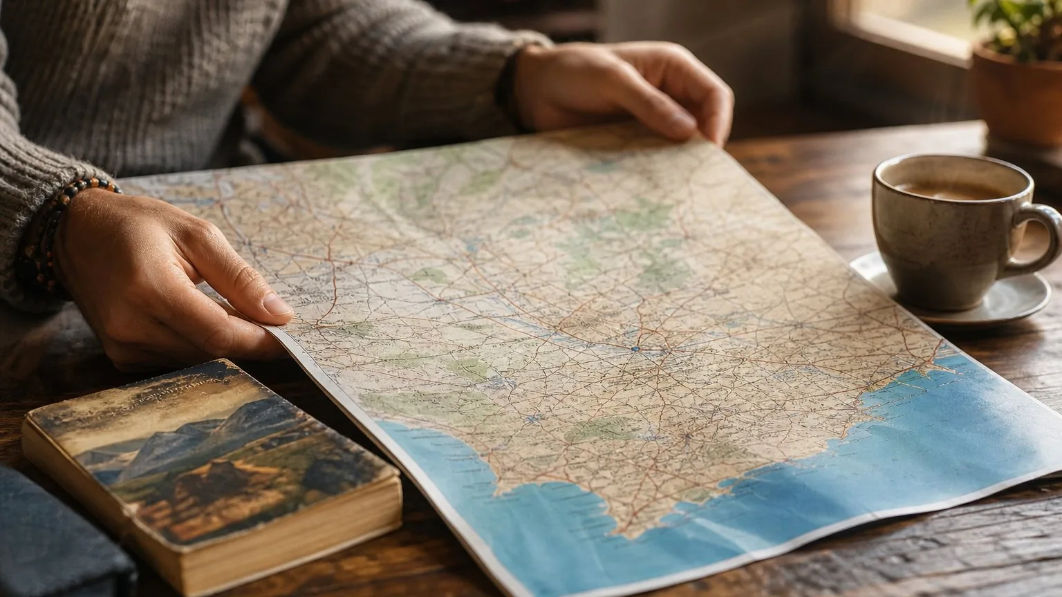 Traveller planning a South Africa trip with a map and guidebook