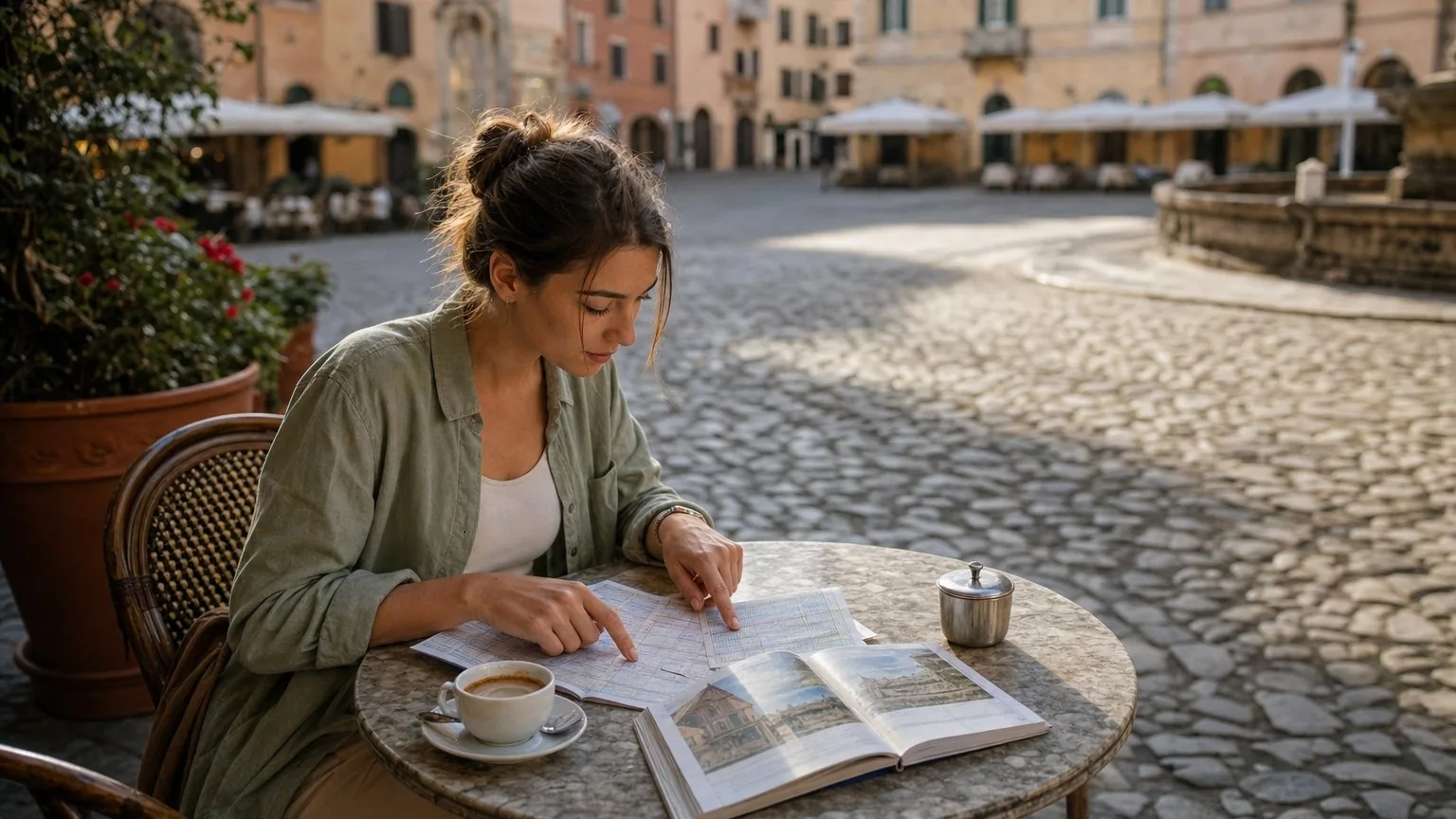 Traveller planning an Italy itinerary at a cafe table with a timetable and espresso.
