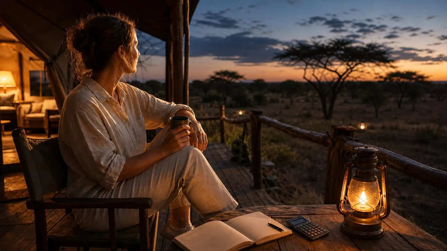 Traveller reviewing safari budget notes at a tented camp at dusk